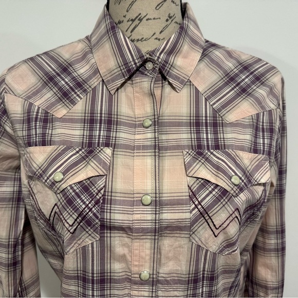 Wrangler Retro Pearl Snap Purple Plaid Long Sleeve Shirt Womens Size Small - Picture 2 of 7
